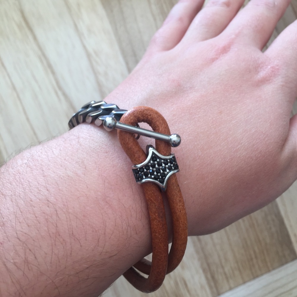men’s Brown leather chain link rhinestone bracelet - Picture 4 of 4